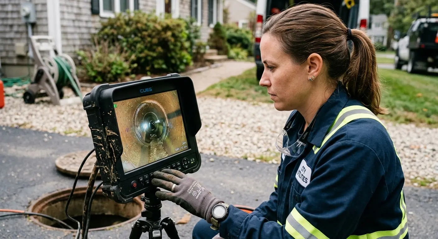 Technician reviewing sewer camera inspection footage in Kalispell