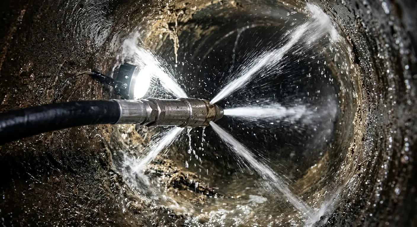 High-pressure hydro jetting nozzle cleaning sewer pipe for Emergency Drain Service in Kalispell