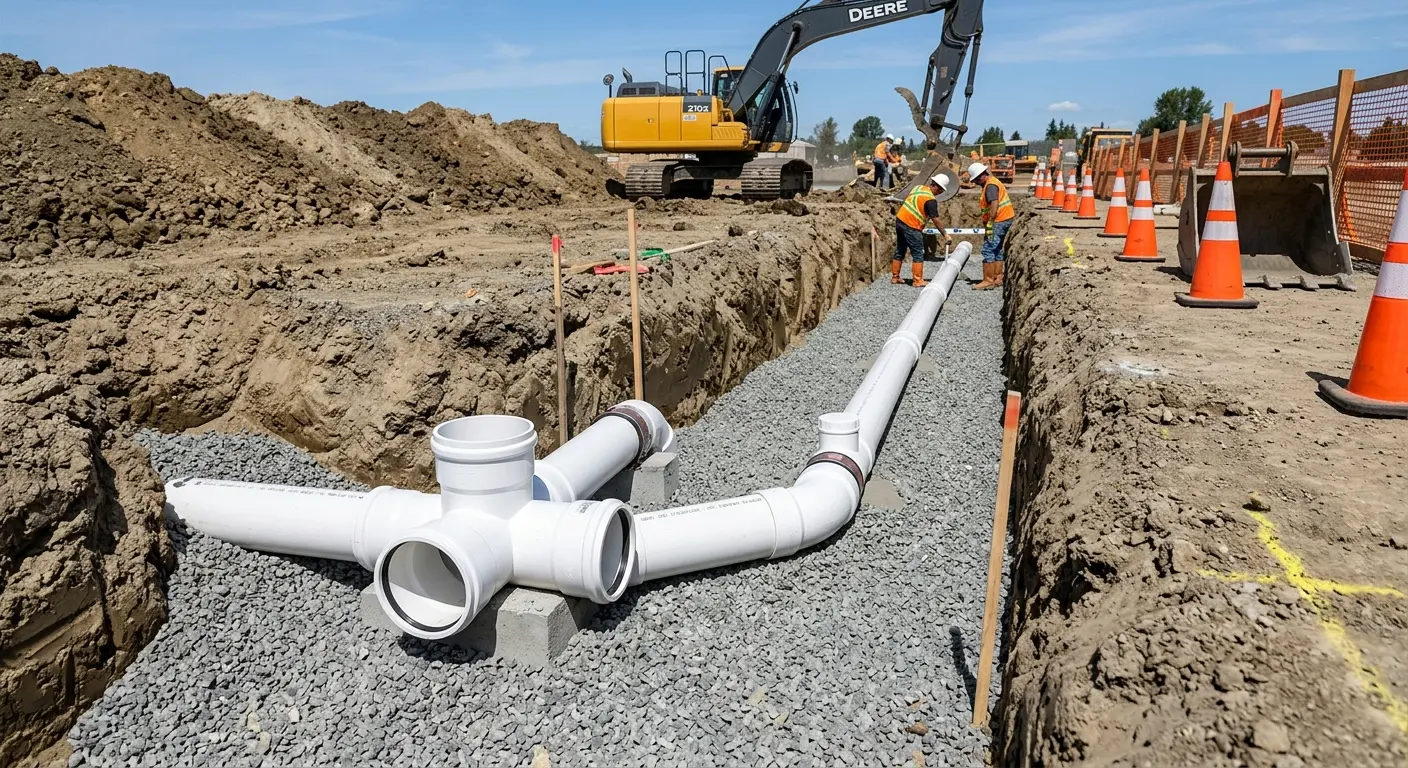 New PVC sewer pipe installation in open trench for Grease Trap Cleaning in Kalispell