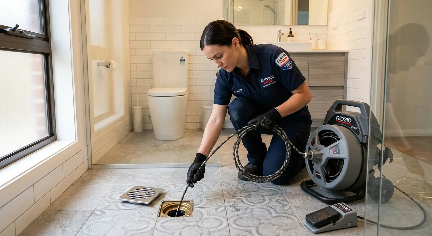 Technician clearing a bathroom floor drain for Sewer Line Installation in Kalispell